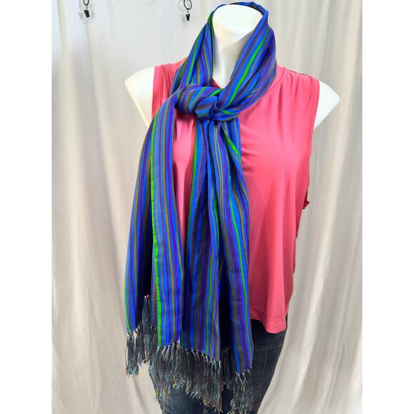 Striped Fringe Scarf – Blue, Green, and Purple - Picture 4 of 7